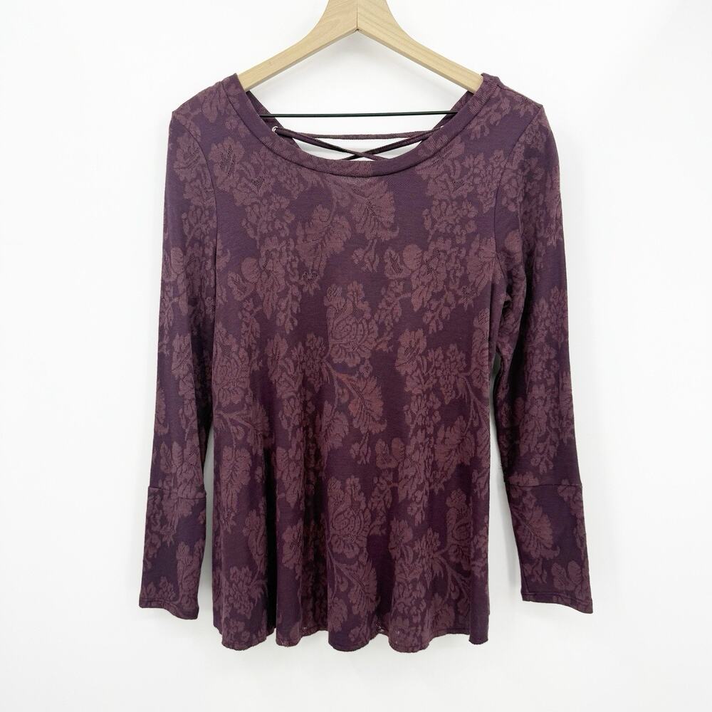 Knox Rose Floral Damask Top S Purple‎ Long Sleeve Boho Lace Up Romantic Feminine